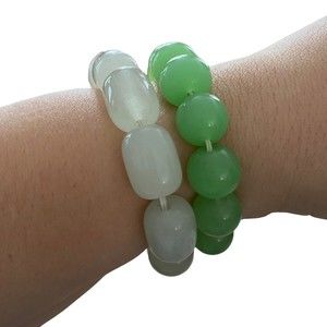 Green & White Beaded Stretch Bracelets Set of 2